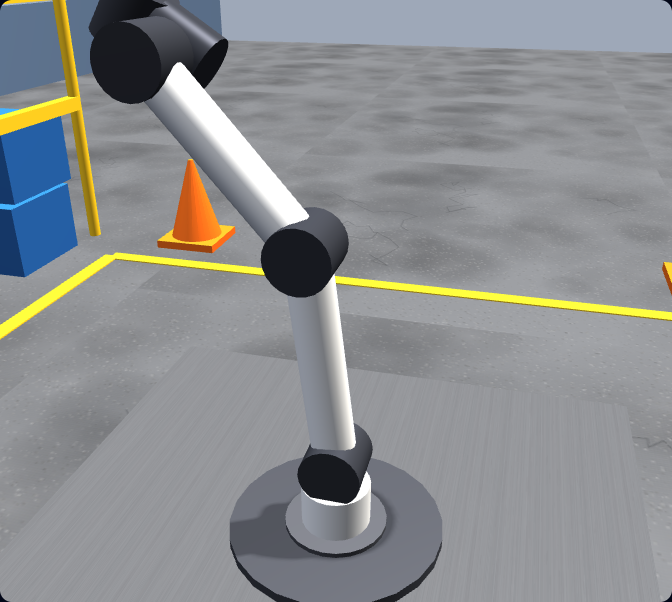 A close-up of a UR-style six-axis robot arm in the browser-based robot simulator, showing its jointed links and gripper, teaching robot-programming fundamentals (linear and joint moves, waypoints, gripper I/O) that transfer to ABB robots.