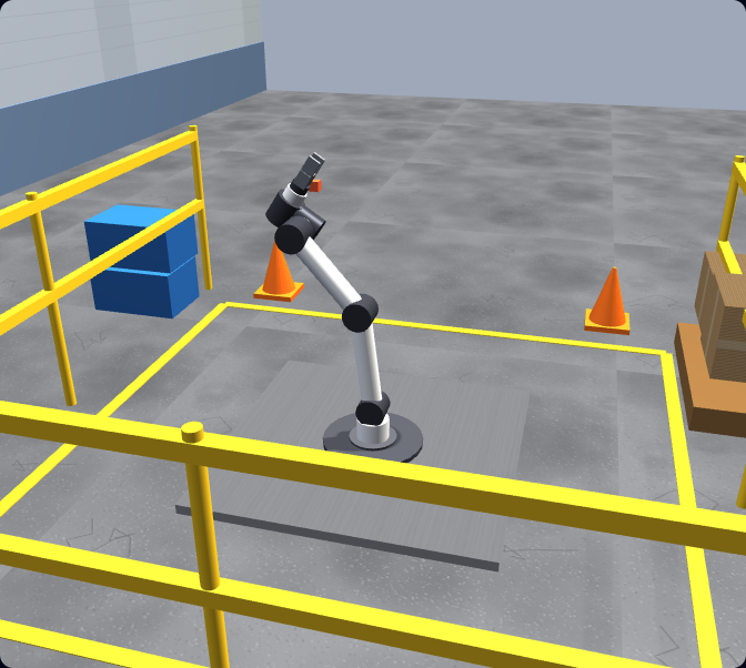 A UR-style six-axis robot arm standing in a 3D factory cell in the browser-based robot simulator, with a parts table, safety railing and pallet, used to learn Universal Robots programming with URScript.