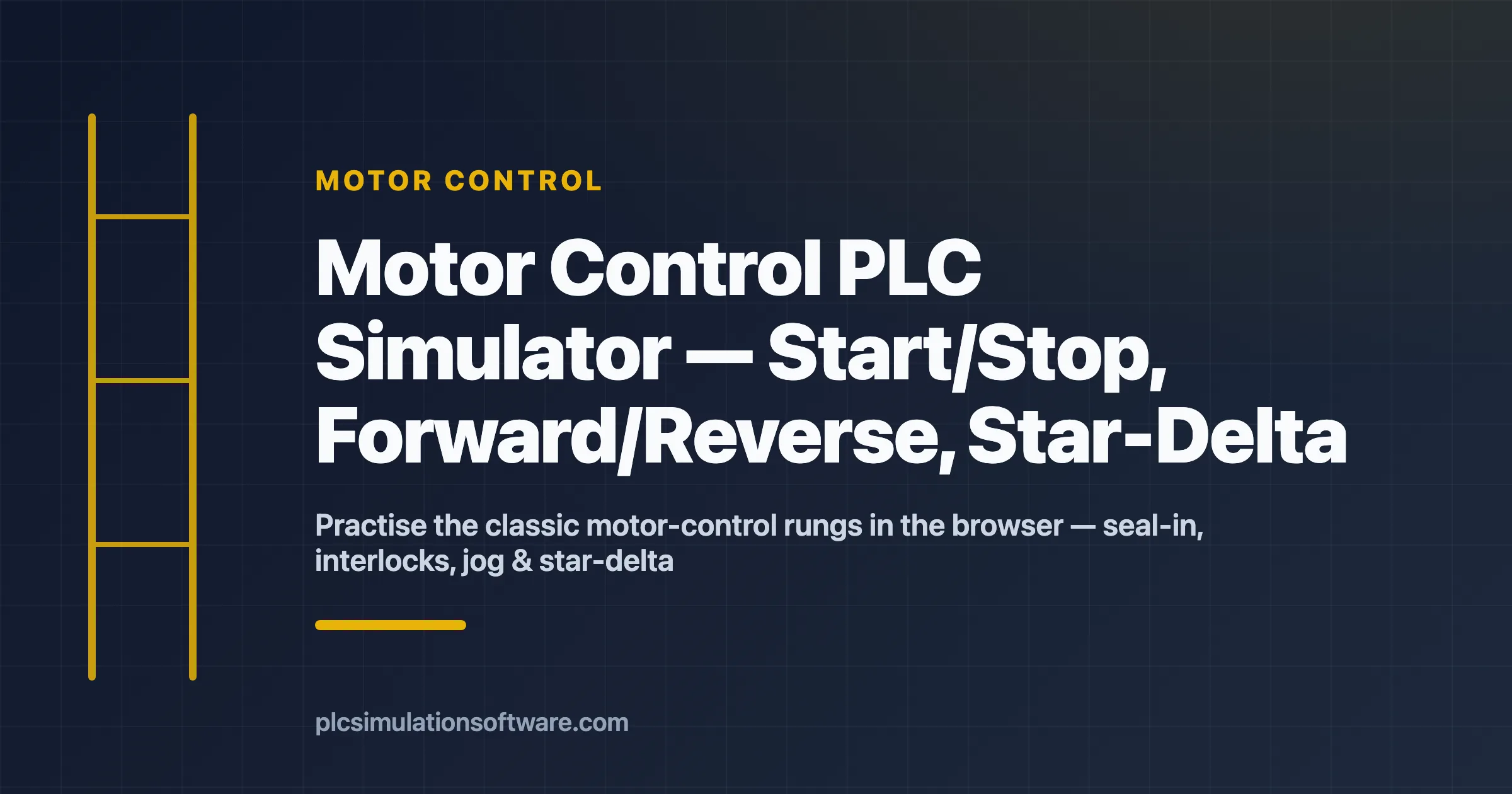 Motor control PLC simulator — practise start/stop seal-in, forward/reverse interlock, jog, and star-delta motor control ladder logic in the browser with no install