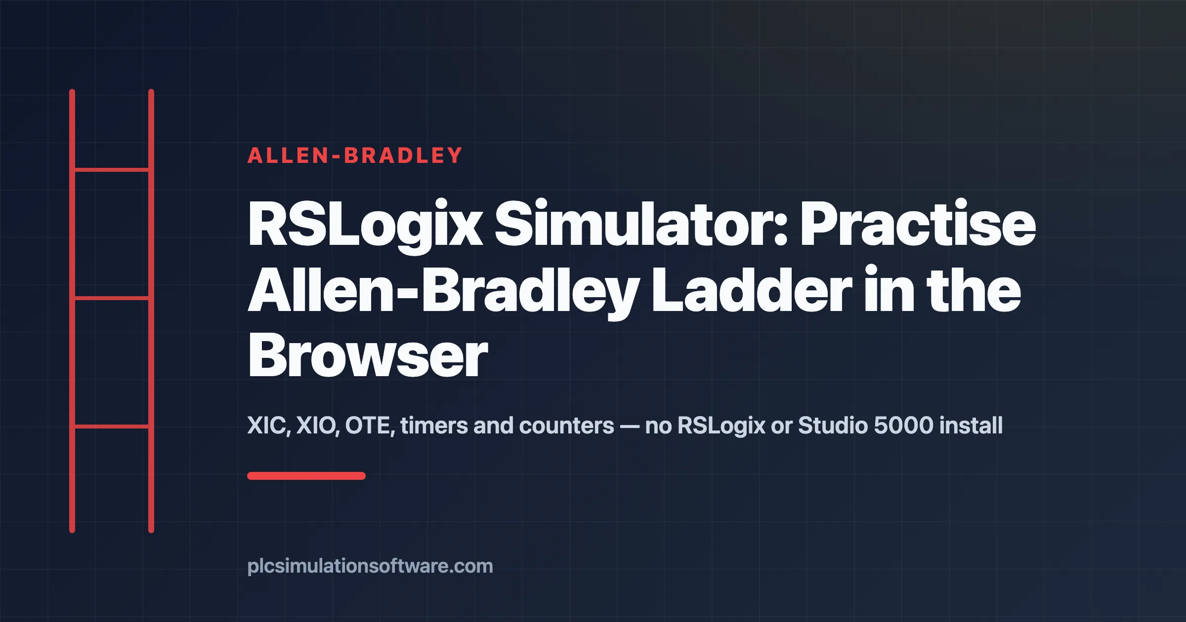 RSLogix simulator hero — practise Allen-Bradley XIC, XIO, OTE ladder logic in the browser